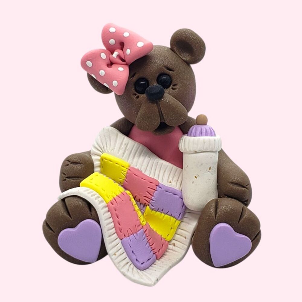 Baby Brown Bear with Quilt Blankie Bottle & Pink Bow Handmade Polymer Clay Cute